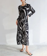Japanese Pleats Plissé Luxury Designer Maxi Dress - Black/White Marble Long Sleeve